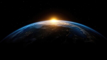 Obraz premium Earth rising from space, sunlit horizon. Vast expanse of dark space surrounds a sphere of planet Earth, with a golden sun rising just above the horizon. Visible continents and oceans
