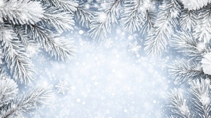 Winter Background with Snowflakes and Pine Branches