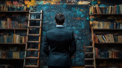 business growth advice drawing ladder on chalkboard and businessman think about