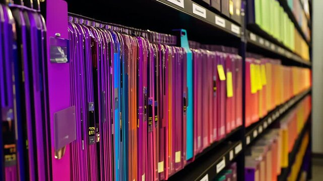 row of file binders with labels, vibrant and systematic record-keeping organization