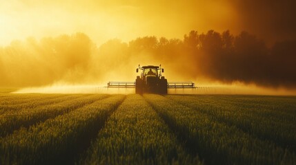Obraz premium High-Tech Tractor Spraying Fertilizers in Golden Sunset Fields