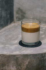 Dalgona coffee or whipped instant coffee. New popular food and drink trend. Trendy drink during Covid-19 city lock down and self quarantine, stay at home concept