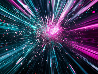 Fototapeta premium Abstract cosmic eye, vibrant pink and purple nebula, teal starburst center, black void pupil, exploding galaxy and black background 