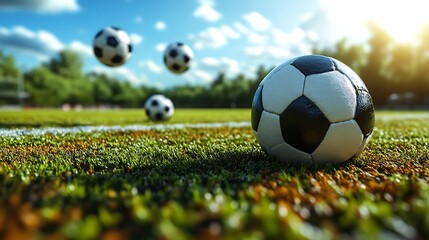 Fototapeta premium Soccer balls flying field sunny day