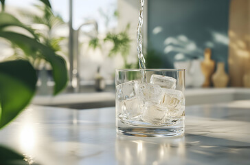 Pouring Sparkling Water Over Ice Cubes In A Glass Under Bright Natural Light In A Modern Kitchen Area.  The View Is Closeup.  It Is Stylish and Refreshing.  It Is A Relaxing