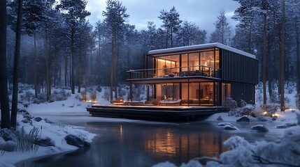 A modern container cabin set in a winter wonderland, with a snow-covered wooden deck, a second-floor balcony overlooking a frozen lake, and warm interior lights glowing through massive glass walls.