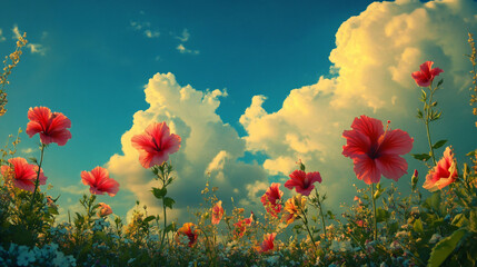 Fototapeta premium Vibrant hibiscus flowers golden sunset sky lush green field warm summer evening soft clouds glowing horizon tropical botanical beauty serene floral landscape radiant sunlight wallpaper closeup calm