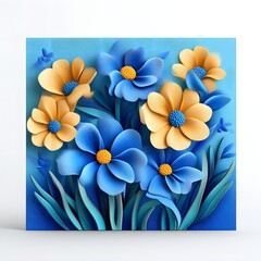 Blue and Yellow Paper Flower Bouquet, 3D Art, White Background