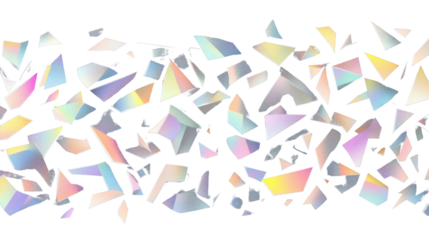 Iridescent geometric shapes falling on transparent background