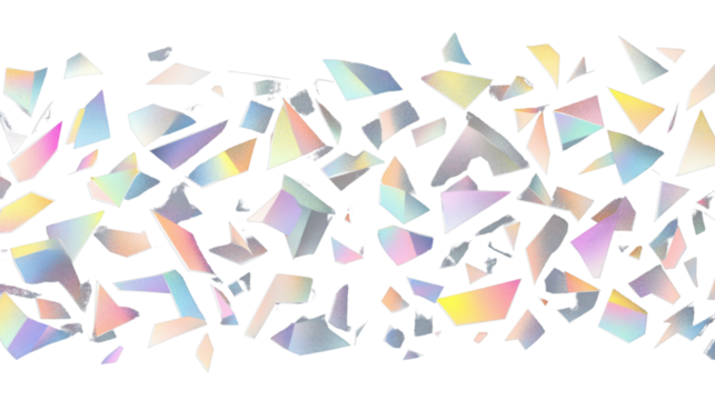 Iridescent geometric shapes falling on transparent background - Powered by Adobe