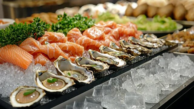 Close-up of oysters arranged neatly on bed of ice, intricate textures and natural patterns, vibrant and inviting display in seafood market setting