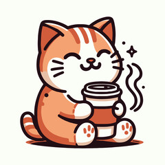 Cute Cozy Coffee Cat Mascot Vector Illustration – Relaxing Cartoon Kitten Drinking Hot Coffee, Ideal for Café Branding, Coffee Lovers, Cozy Beverage Shops, Bookstore Cafés, and Cute Aesthetic Designs