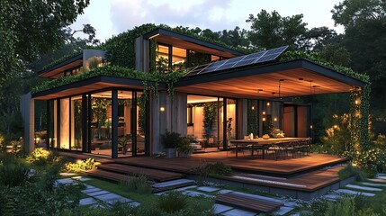 A modern net-zero container house with an expansive green roof, large solar panels, and a spacious wooden terrace featuring an outdoor dining area. The house is designed with sustainable materials,