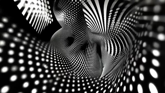 Abstract black and white tunnel of swirling lines and dots