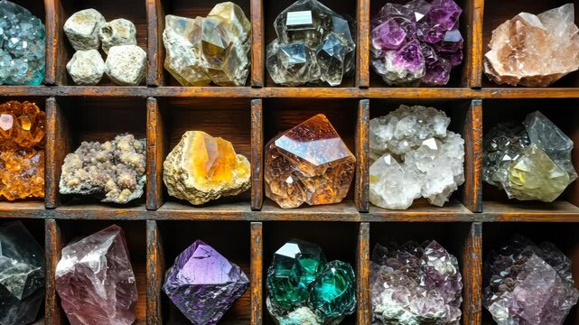 close-up of a mineral collection displayed in a wooden case, intricate and detailed atmosphere, vibrant natural lighting, elegant and scientific vibe