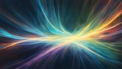 Abstract image showcasing vibrant, flowing light streams teal, gold, purple hues, creating a celestial, ethereal atmosphere.