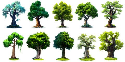 Pixel Art Illustration of Various Tree Designs with Natural Landscape Elements and Colorful Foliage Isolated on Transparent Background