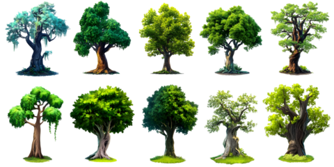 Pixel Art Illustration of Various Tree Designs with Natural Landscape Elements and Colorful Foliage Isolated on Transparent Background
