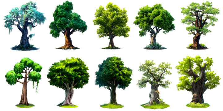 Pixel Art Illustration of Various Tree Designs with Natural Landscape Elements and Colorful Foliage Isolated on Transparent Background