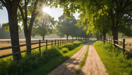 Obraz premium dirt road between green fields during the day in a village, made by Ai
