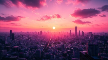 Obraz premium Vibrant Sunset Over Urban City Skyline with Pink and Purple Sky in Evening Hues