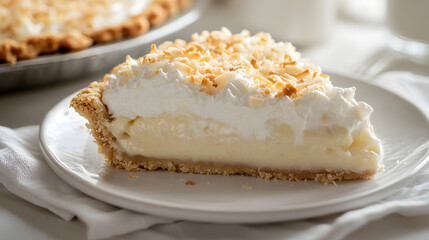 Deliciously Beautiful Slice of Coconut Cream Pie with Creamy Filling and Toasted Topping