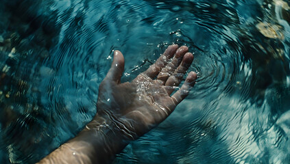 Human Hand Reaching Out To Calm Water Surface With Gentle Ripples And Reflections Of Sky And Nature Scenes  Near Pool Or Pond With  Fluid Water And  Gentle Waves At Sunny Day.