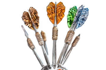 Realistic Image of Darts Group with Steel Tip on Transparent Background in Silver Gold Green and Blue Colors Indoor Game of Sport Hobby with Professional Precision