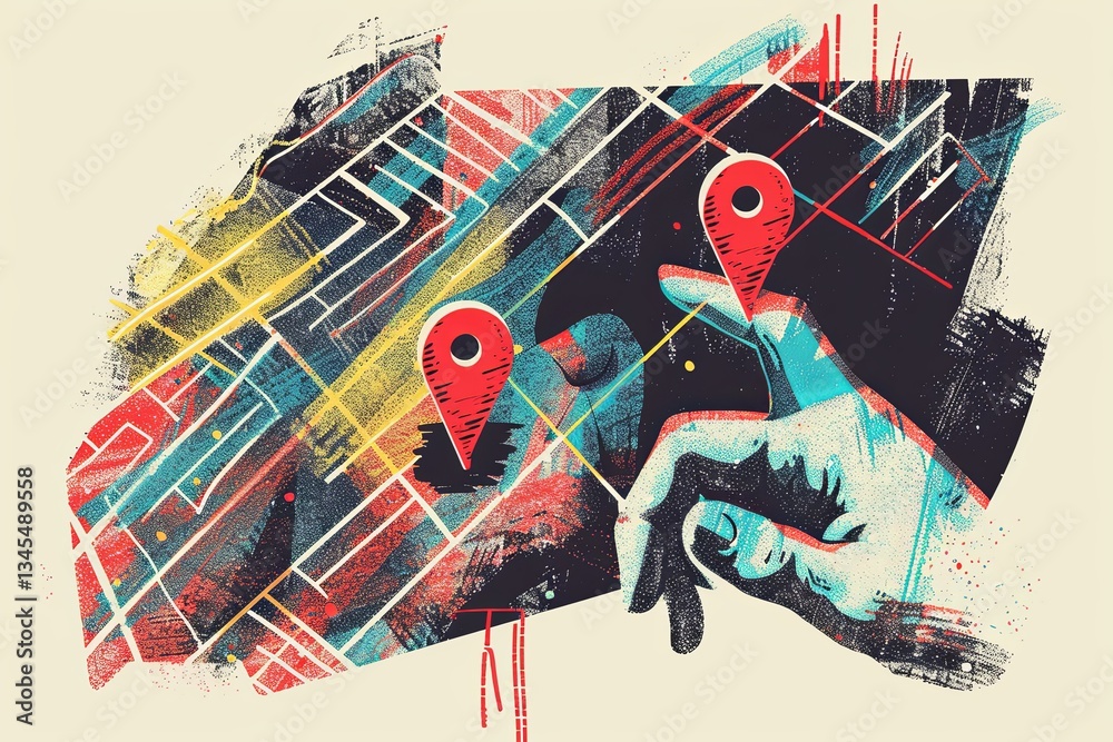 Poster trendy halftone collage featuring hands and location pins representing travel routes and navigation 