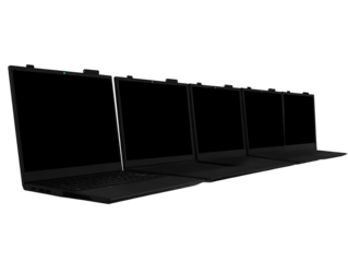 Realistic Image of Many Black Laptops Lined Up in a Row on a Transparent Background, Offering a Sleek Modern Design for Business or Personal Use in the Digital Age