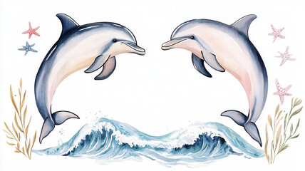 Obraz premium Two dolphins swimming joyfully watercolor style, surrounded by