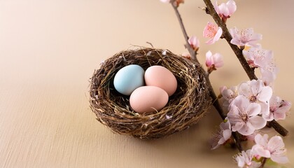 minimalistic easter composition close up small bird s nest with pastel colors eggs on a light beige background with blooming branch with flowers