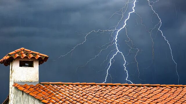 Stormy Lightning Over Roof