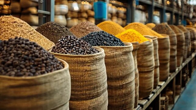 A Symphony of Spices: A vibrant display of diverse spices spills from rustic sacks, offering a rich tapestry of color and texture, invoking the essence of global culinary traditions.
