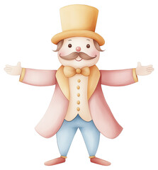 Fototapeta premium Colorful cartoon character wearing a top hat and smiling with open arms in a cheerful pose isolated on transparent background.
