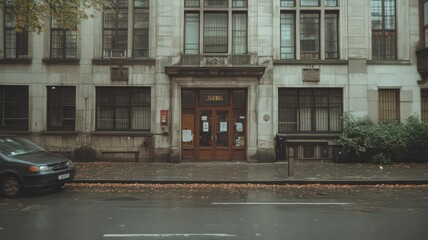 Weathered Stone Building on a Rainy City Street in Autumn