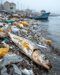 A dead fish lies among non-biodegradable plastic waste on a polluted shore, highlighting the devastating impact on marine ecosystems.