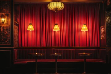 a vintage art deco jazz club interior with rich burgundy velvet curtains brass fixtures geometric patterns and warm amber lighting casting long shadows