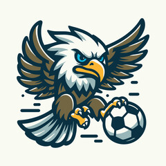 Fierce Eagle Soccer Mascot Vector Illustration – Majestic Flying Bird Kicking a Football, Perfect for Sports Teams, Athletic Club Branding, Competitive Gaming, and Football-Themed Logos