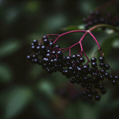 A cluster of elderberries with tiny dark purple fruits