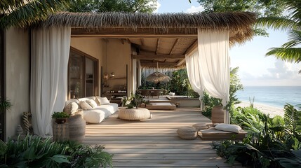 Fototapeta premium A stylish beachfront container house with a thatched-roof terrace, wooden flooring, and an open-air living space. The tropical flora surrounds the home,
