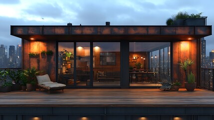 Fototapeta premium A stylish industrial-chic container house in a modern cityscape, featuring rusted steel accents, a spacious wooden terrace, and large floor-to-ceiling windows. The raw,