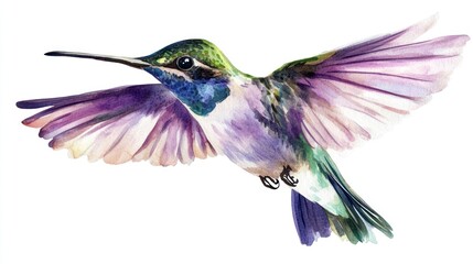 Obraz premium Watercolor hummingbird in flight against white background. Possible use Greeting cards, wall art, nature-themed prints