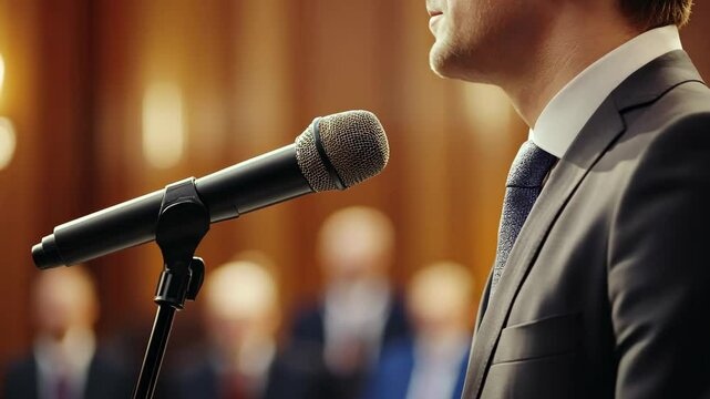 Diplomatic negotiator making a statement at a press conference, carefully addressing public concerns about ongoing peace efforts