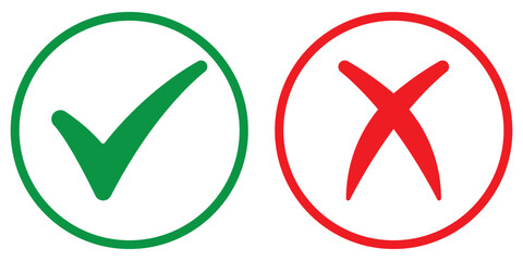 Green check mark, red cross, x mark icon, set of flat rounded right and wrong vector sign concept. Green check mark and red cross sign isolated eps 10