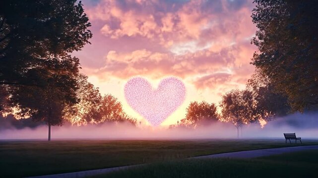Romantic misty park scene with glowing heart symbol at sunset, magical love atmosphere