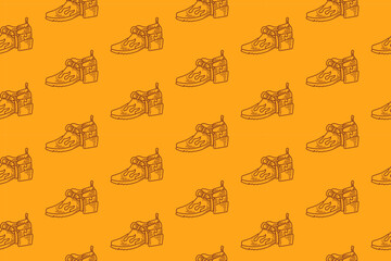 Obraz premium wild west shoes with flame doodle seamless pattern on yellow background. western sheriff boot engraving pattern background. retro wild cowboy boot background for rodeo, ranch decor, merchandise