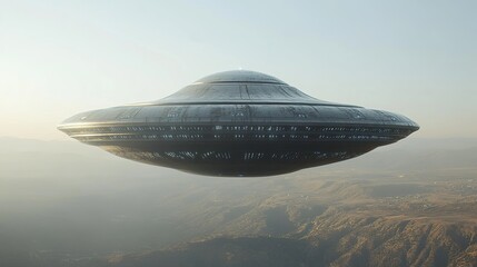 A futuristic silver disc shaped spacecraft floats above a landscape