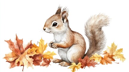 Watercolor Squirrel with Autumn Leaves. Cute Woodland Animal.  Possible Stock Photo Use