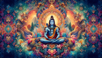 Lord Shiva in Meditation Surrounded by Colorful Flowers and Divine Light